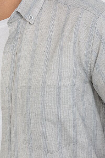 Varetta Men's Gray Short Sleeve Striped Cotton Shirt with Pockets