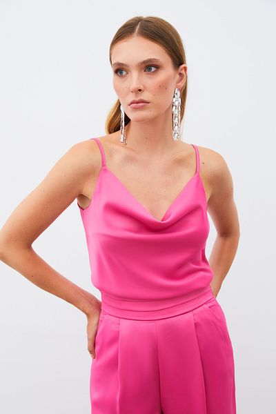 Sateen Fuchsia Degaje Collar Satin Blouse