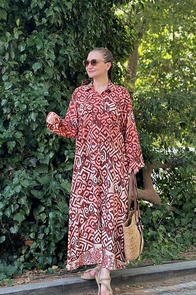 AYASOFYA OTANTIK Burgundy Shirt Dress - Loose, Long Sleeve, Long Dress
