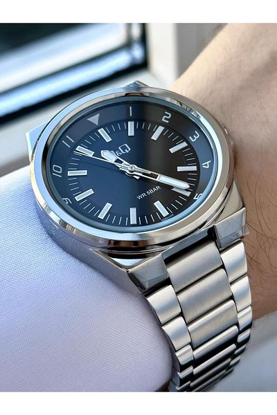Q&Q Men's Silver Gray Classic Groom Metal Cord Phosphor Line Black Dial Analog Watch