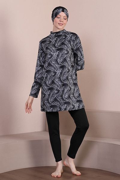 Fitsauna Fit Sauna Palm Patterned Swimsuit Long Sleeve Hijab