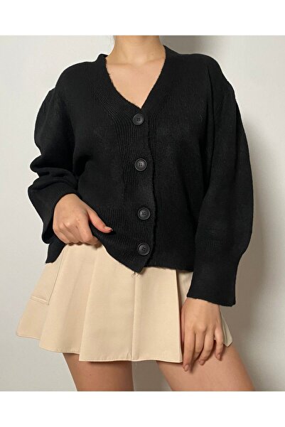 minaaise Siyah Yumoş V Yaka Geniş Kol Oversize Kısa Triko Hırka 26019