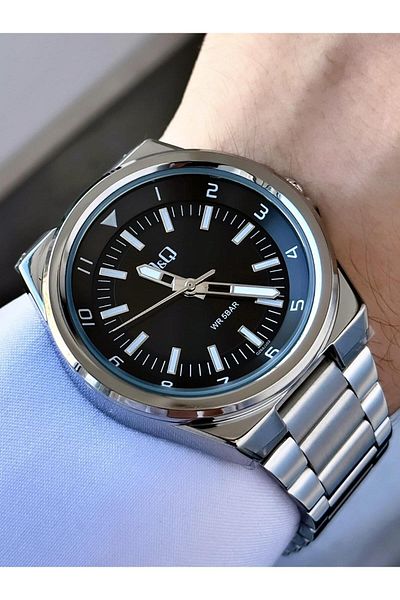Q&Q Men's Silver Gray Classic Groom Metal Cord Phosphor Line Black Dial Analog Watch