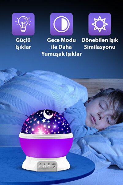ALFAGİFT Ay Ve Yıldızlı Gökyüzü Yansıtmalı Dönen Projeksiyon Gece Lambası- Çocuk Bebek Odası Mor
