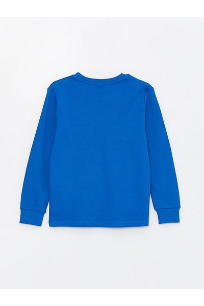 LC Waikiki Tricou pentru copii LCW pentru băiat - albastru mediu, decolteu, imprimeu, mânecă lungă