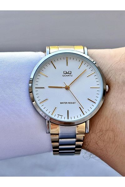 Q&Q Men's Silver Gold Thin Bezel Numeral-Free Plain Striped White Dial Analog Watch