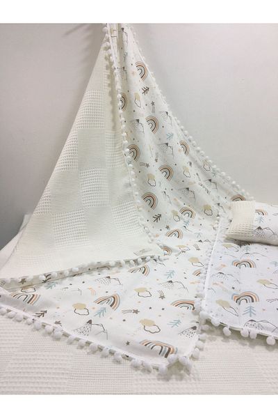 BUSEBABYHOME Cream, Muslin and Pompom Bottom Opening, Pillow and Blanket Set of 3