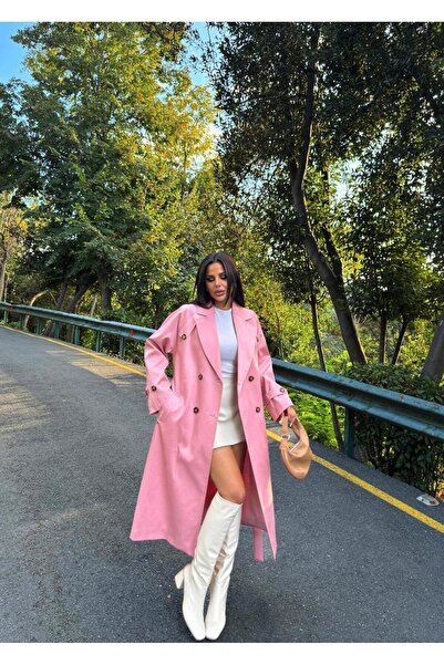 şuranur معطف واق من المطر بياقة بحزام ممتاز