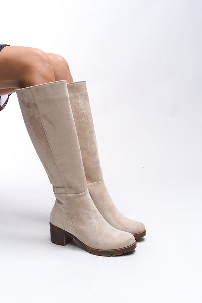 Riccon Γυναικείες μπότες με τακούνι Hioverra Beige Suede - 0012745