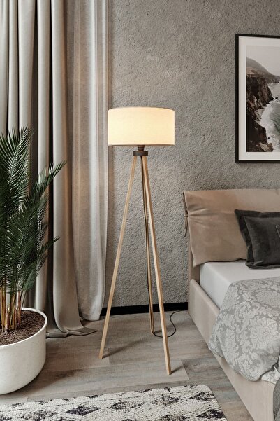 MARKADEKOR Bej Başlı Kahverengi Ayak Yuvarlak Tripod Lambader