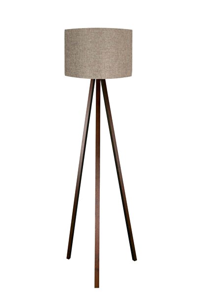 Genel Markalar 3 Ayaklı Lambader Tripod Ayak Üç Ayaklı Abajur Yuvarlak Kumaş Bej Başlık Kahverengi Ayak