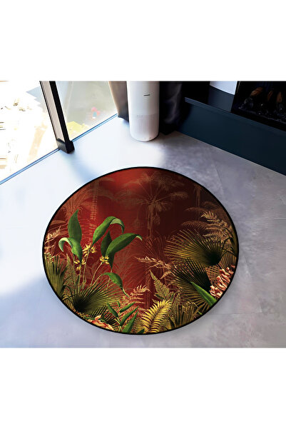 Rugs Modern Halı Burgundy Theme Forest and Plant Patterned Round Woven Base M...
