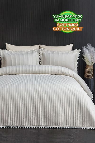 Evlen Home Collection 100% Cotton Double Bed Cover with Pompom (Pique) Set Off-White