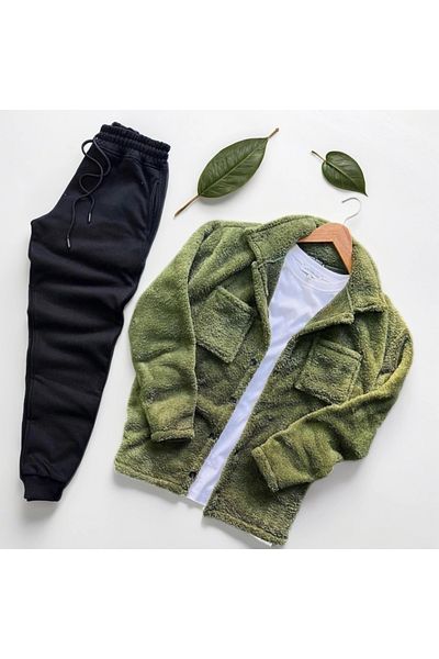 Fifty Color Unisex βελούδινο χακί μπουφάν και μαύρη φούτερ σε συνδυασμό κάτω επάνω