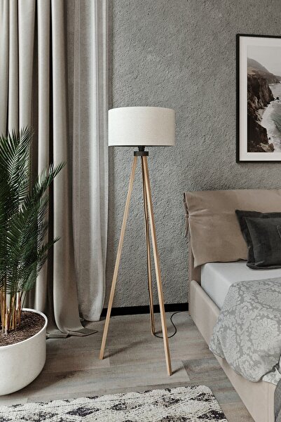 Genel Markalar Yuvarlak Bej Kumaş Başlık Mdf Tripod Kahve Ayak LY520