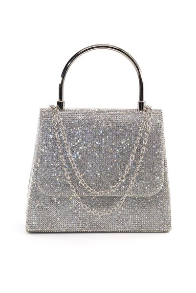 KEEBA Geantă elegantă argintie cu pietre - Pentru seară și evenimente
