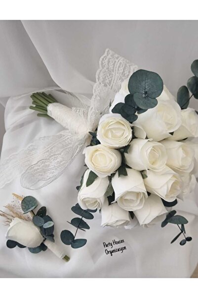 PARTY HOUSEE ORGANİZASYON BEYAZ TOMURCUK GÜL GELİN BUKETİVE DAMAT YAKAÇİÇEĞİ