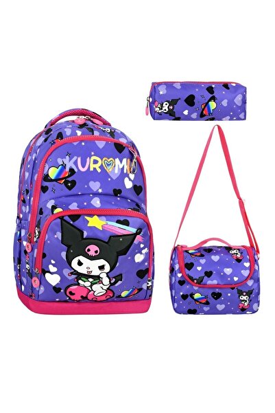 Kuromi Desenli Üçlü Çocuk Ilkokul Okul Çantası Termal Beslenme Çantası Kalemlik KROMİ