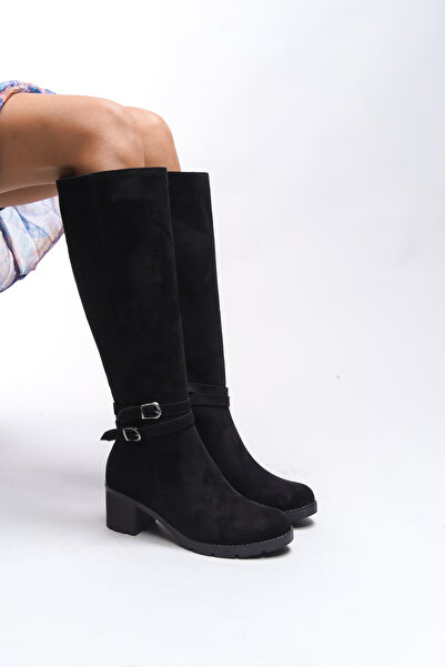 Riccon Dámské boty na podpatku Černé semišové Zauhilde s přezkou - 0012746