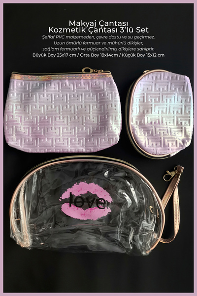 Nera Classy 3 Adet Makyaj Çantası, Kozmetik Çantası 3’lü Set (Love You Kiss m...