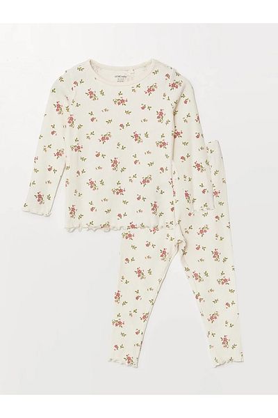 LC Waikiki Lcw Baby Ecru Baby Girl Pajama Set - Crew Neck, Floral Pattern