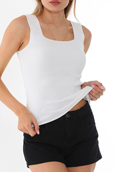 fablair Λευκή Πλεκτή Μπλούζα - Χοντρό λουράκι, Τετράγωνος γιακάς, Λεπτό καλοκαιρινό εσώρουχο