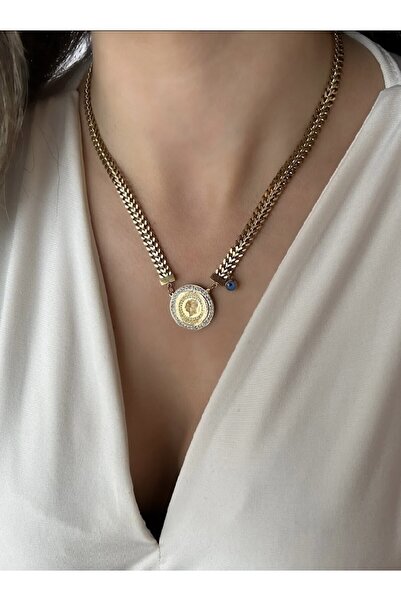 İNN JEWELLERY Çelik Kolye Kararmaz Kendinden Çeyrek Altın Figürlü (2 YIL İTHA...