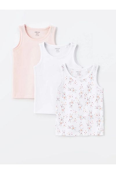 LC Waikiki LCW Baby Ecru قميص داخلي مطبوع برقبة دائرية للفتيات الصغيرات - مجموعة من 3 قطع