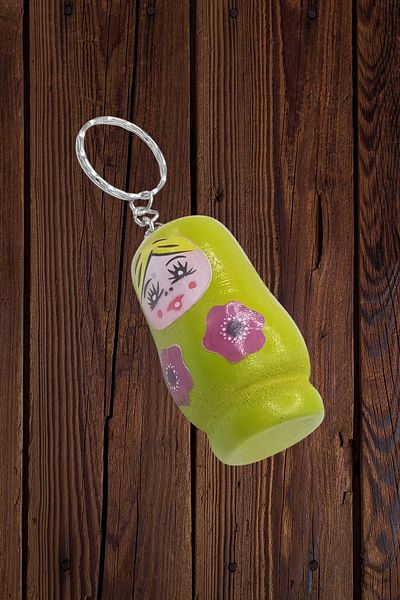 Dünyadan Hediyeler Green Wooden Matryoshka Doll Keychain - 5cm Large Size