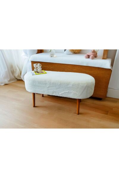 BEYLERBEYİ Retro Ceviz Renk Ahşap Ayaklı Geniş Oturum Alanlı Oval Bench Puf Krem