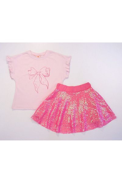 BALKABAĞI Glitter Ribbon T-shirt / Sequin Hologram Skirt Girl's 2-Piece Set