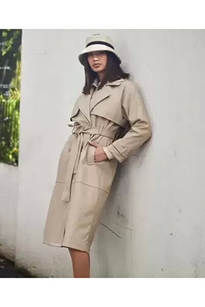 ayakuydur Kadın Kuşaklı Taş Rengi Deri Trençkot
