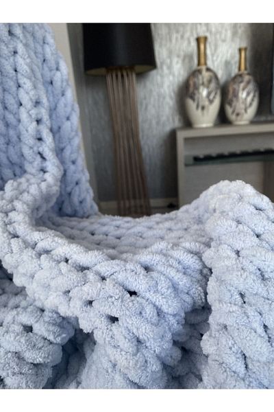 Alize Light Gray Puffy Hand Knitted Blanket