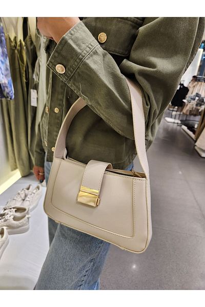 Mercan Stores Women's Cream Short Strap Baguette Hand and Shoulder Bag with Buckle Detail
