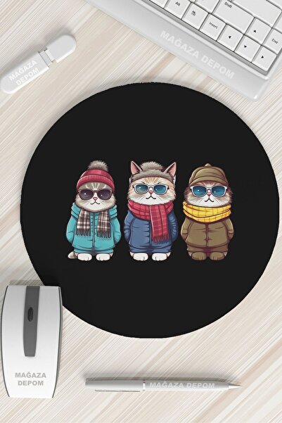 MAĞAZA DEPOM Yuvarlak Mousepad, Bitirim Üçlü Kediler, Baskılı Kumaş Mousepad,...