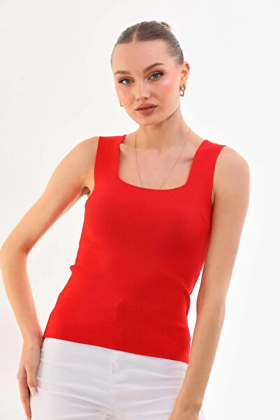 fablair Κόκκινο τετράγωνο γιακά πλεκτό εσώρουχο - Χοντρό λουράκι, αμάνικο, λεπτό καλοκαίρι