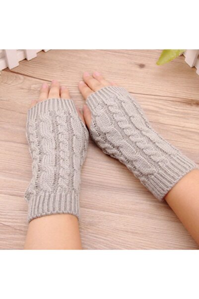 Nishstyle Gri Melanj Saç Örgüsü Model Başparmaktan Geçmeli Parmaksız Yün Eldiven