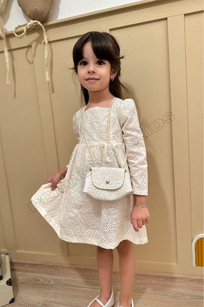 penu baby kids Ecru Flower Patterned Baby Girl Dress - Scalloped Bag Detailed