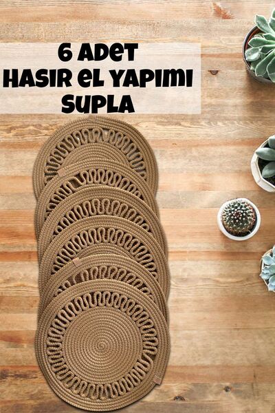 Evrimax 6 Adet Hasır Jüt Supla El Yapımı İşlemeli Yıkanabilir Doğal Natural Masa Amerikan Servisi 32 Çap