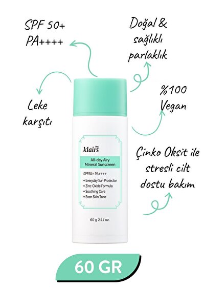 Dear Klairs All-day Airy Mineral Sunscreen Spf50 Pa (KORENDY) Çinko Oksitli Güneş Kremi 60gr