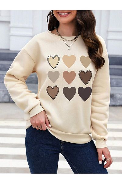 MODARİCH Hanorac oversize bej - Design cu mai multe inimi, decolteu ridicat