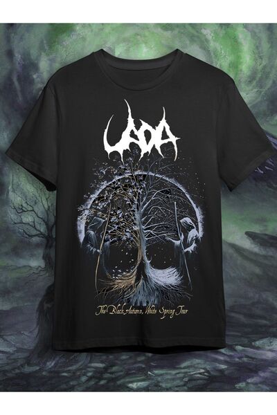 vampcat art Uada تي شيرت أسود مطبوع من الأمام والخلف باللون الأزرق