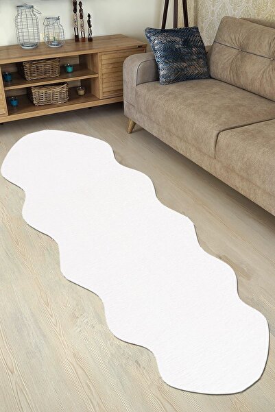 Balat Halı Dekoratif Beyaz Peluş Yolluk Floki Dalga Desenli Halı