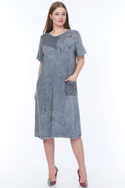 MJORA Gray Single Pocket Washed Viscose Plus Size Dress