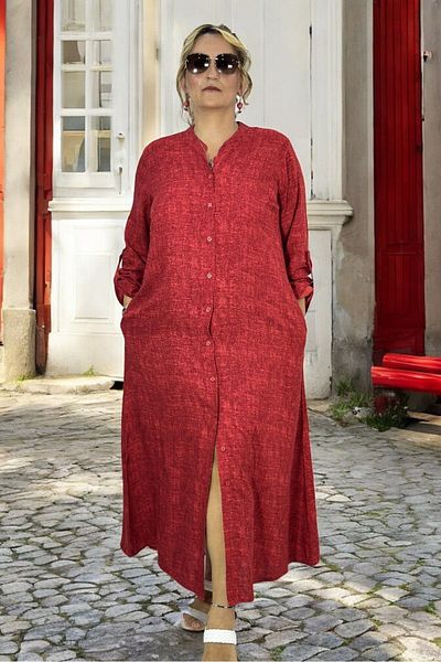 yagmurberen Plus Size Cotton Viscose Dress - Front Neck Button and Sleeve Pocket