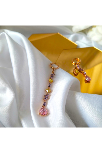 Butik Kadın Vip Çelik Gold Renkli Taş Sallantılı Küpe 70mm