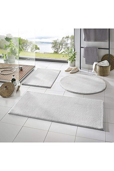 Balat Halı 3'lü Banyo Halısı Peluş Post Halı Klozet Takımı Beyaz 50x50(YUVARL...
