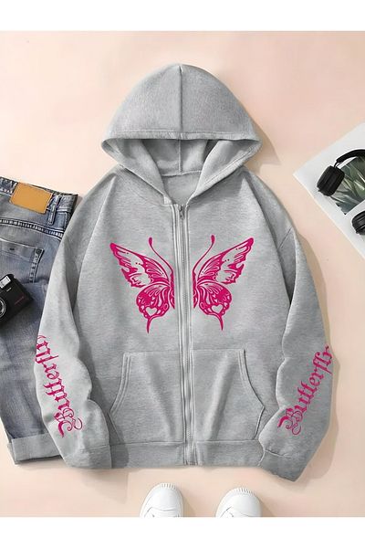 Risil-Nu Company New Season Butterfly Printed Hooded Jacket