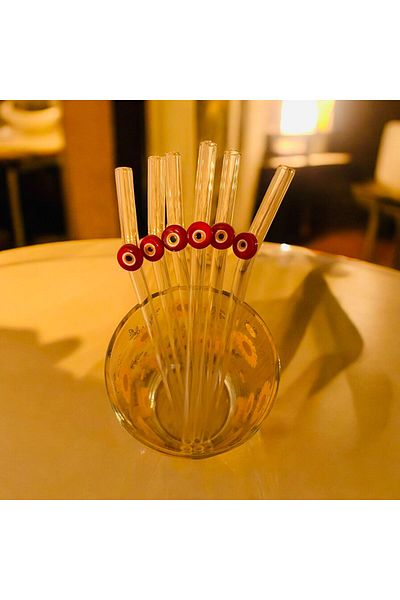 nazarboncuğu Set of 6 Galatasaray Glass Transparent Straws