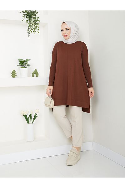 Pamuk Butik Дамска туника-пуловер от кафяв мерсеризиран трикотаж